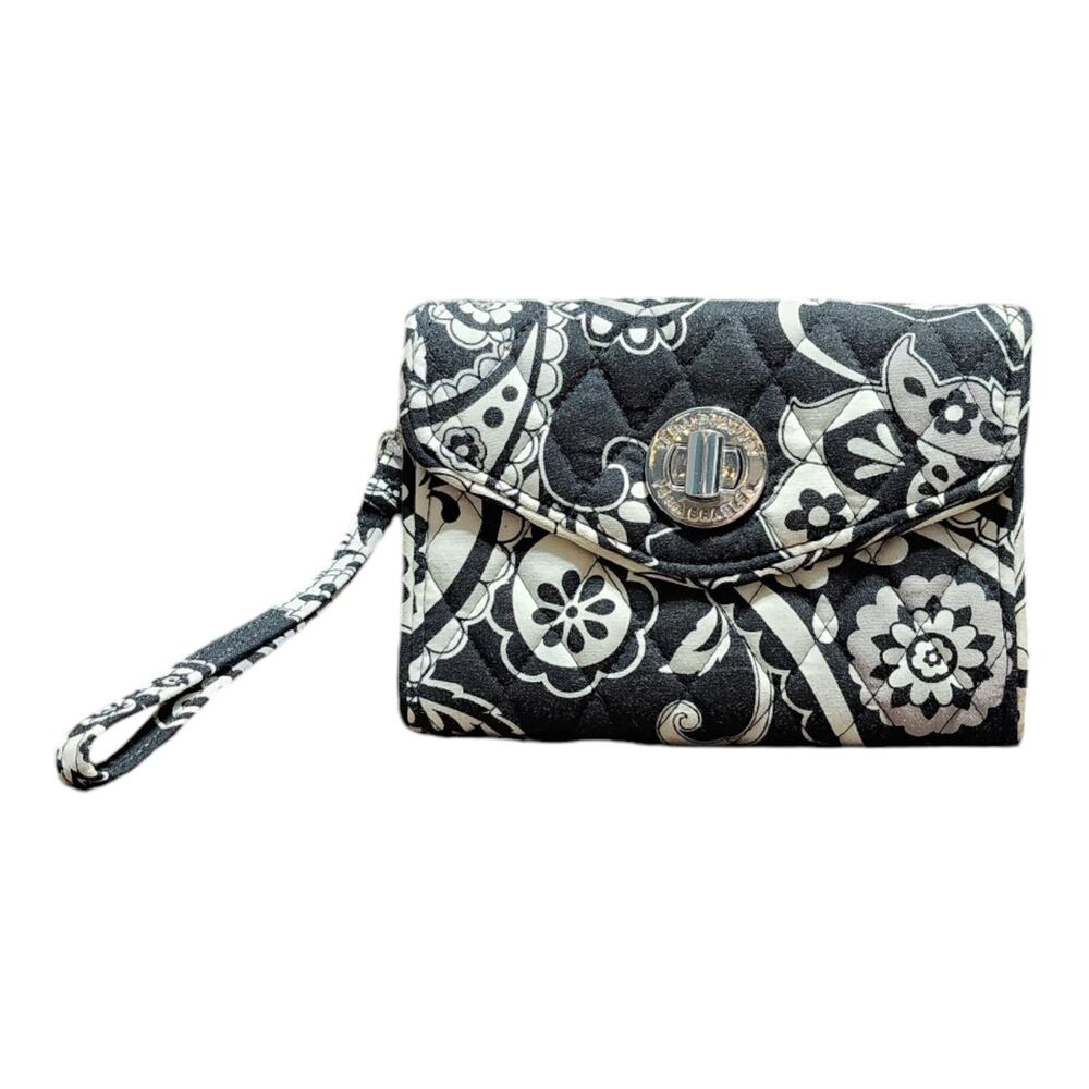Vera Bradley Midnight Paisley Turnlock Wallet Black White Quilted Cotton Canvas